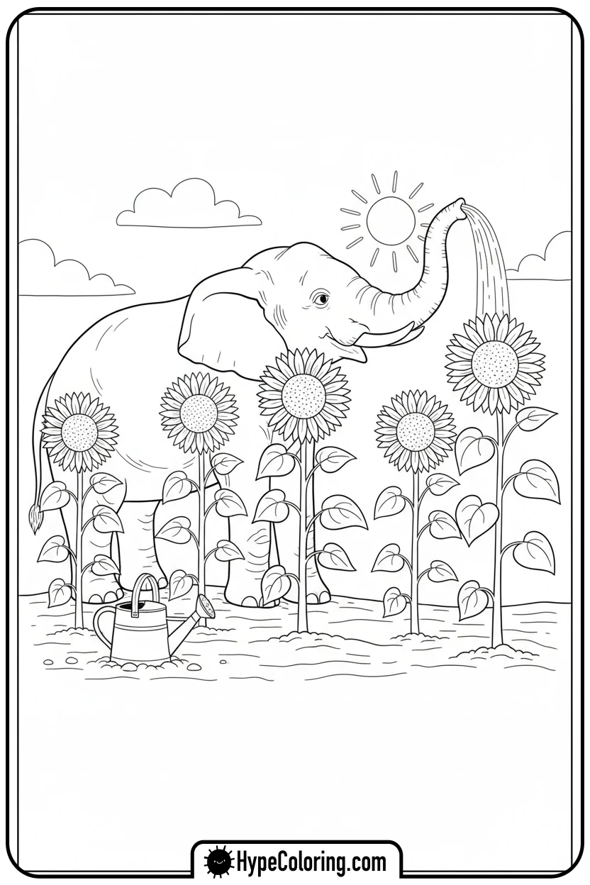 elephant-watering-sunflowers - coloring book pages of elephants
