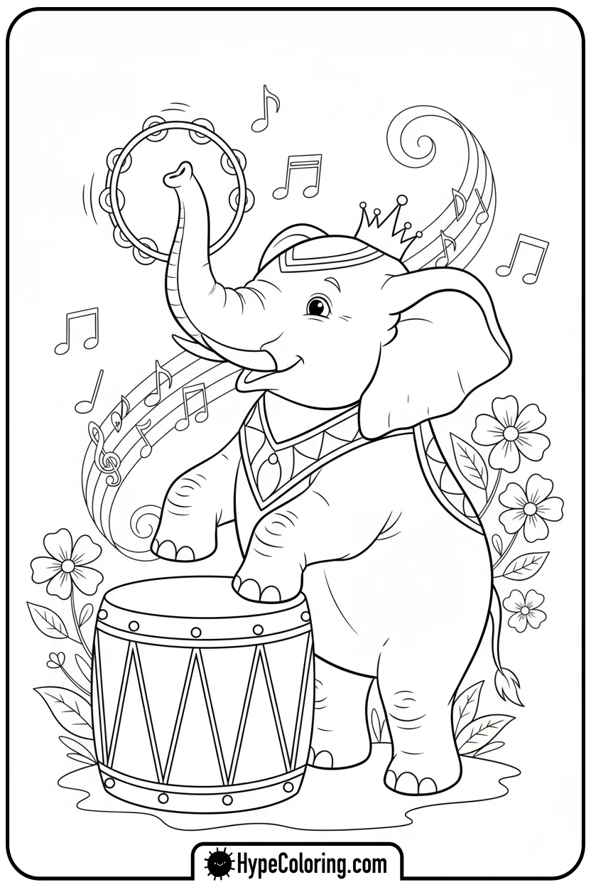elephant-playing-drum - coloring book pages of elephants