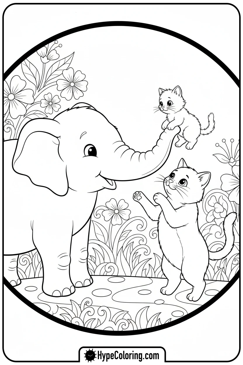 elephant-helping-kitten - coloring book pages of elephants