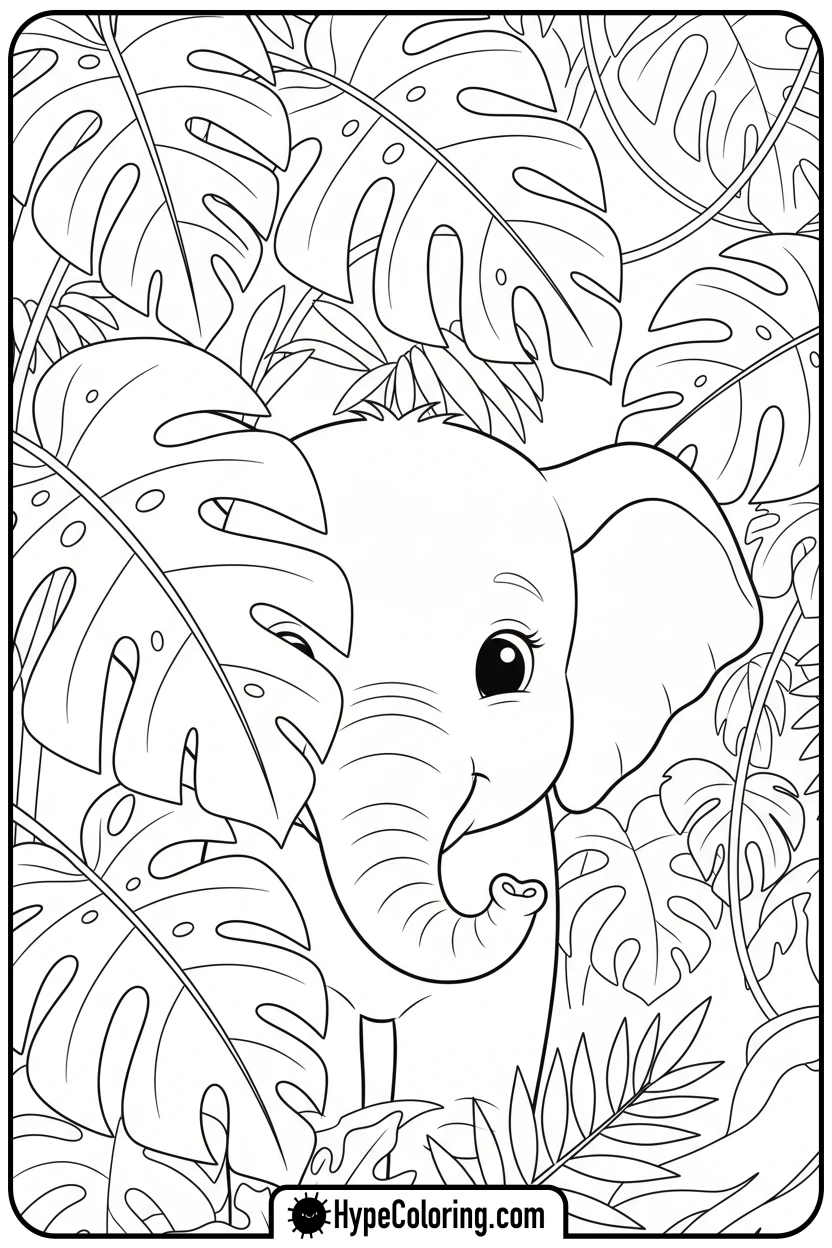 elephant-peeking-from-leaves - coloring book pages of elephants