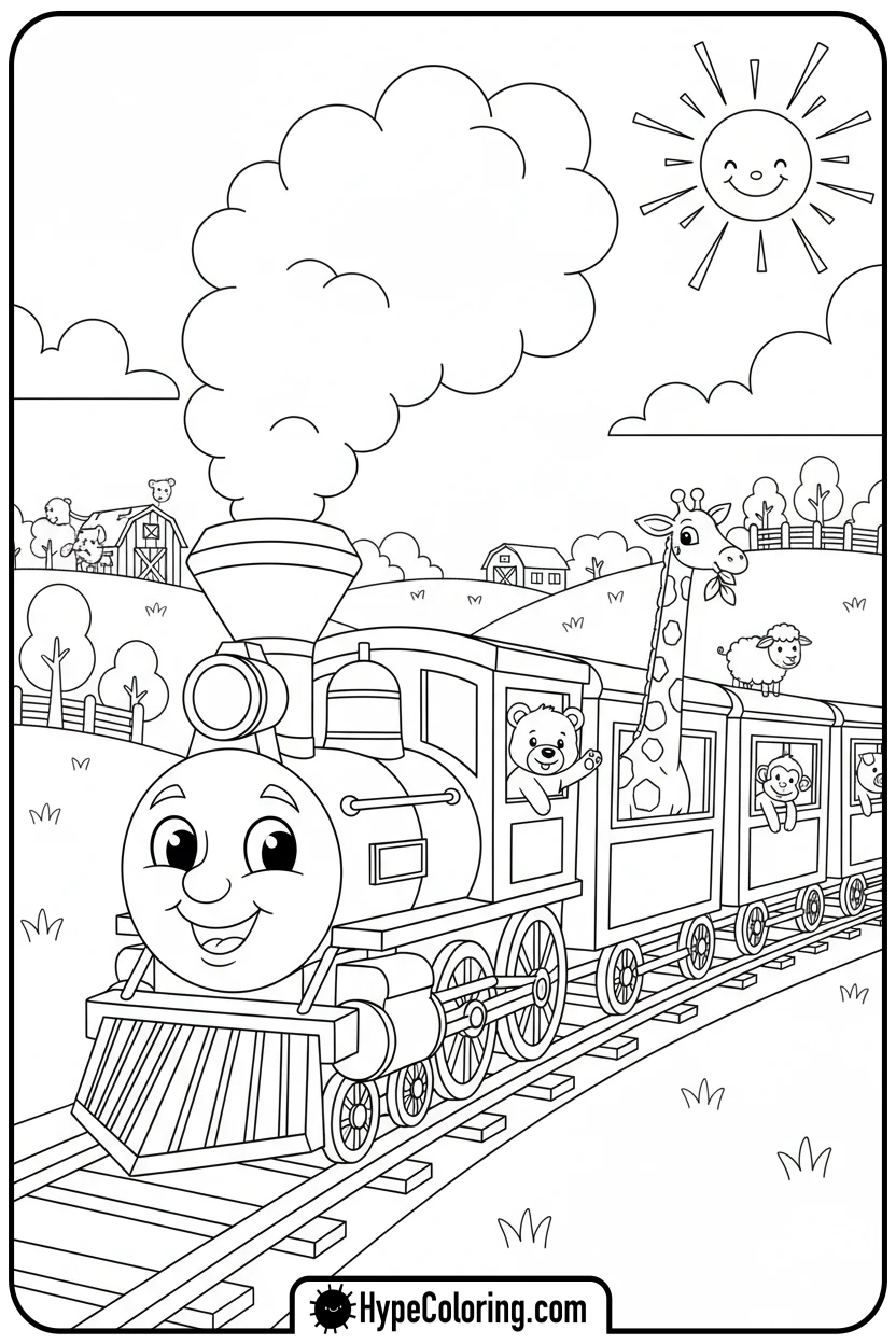 smiling-steam-train-in-countryside - coloring pages of trains