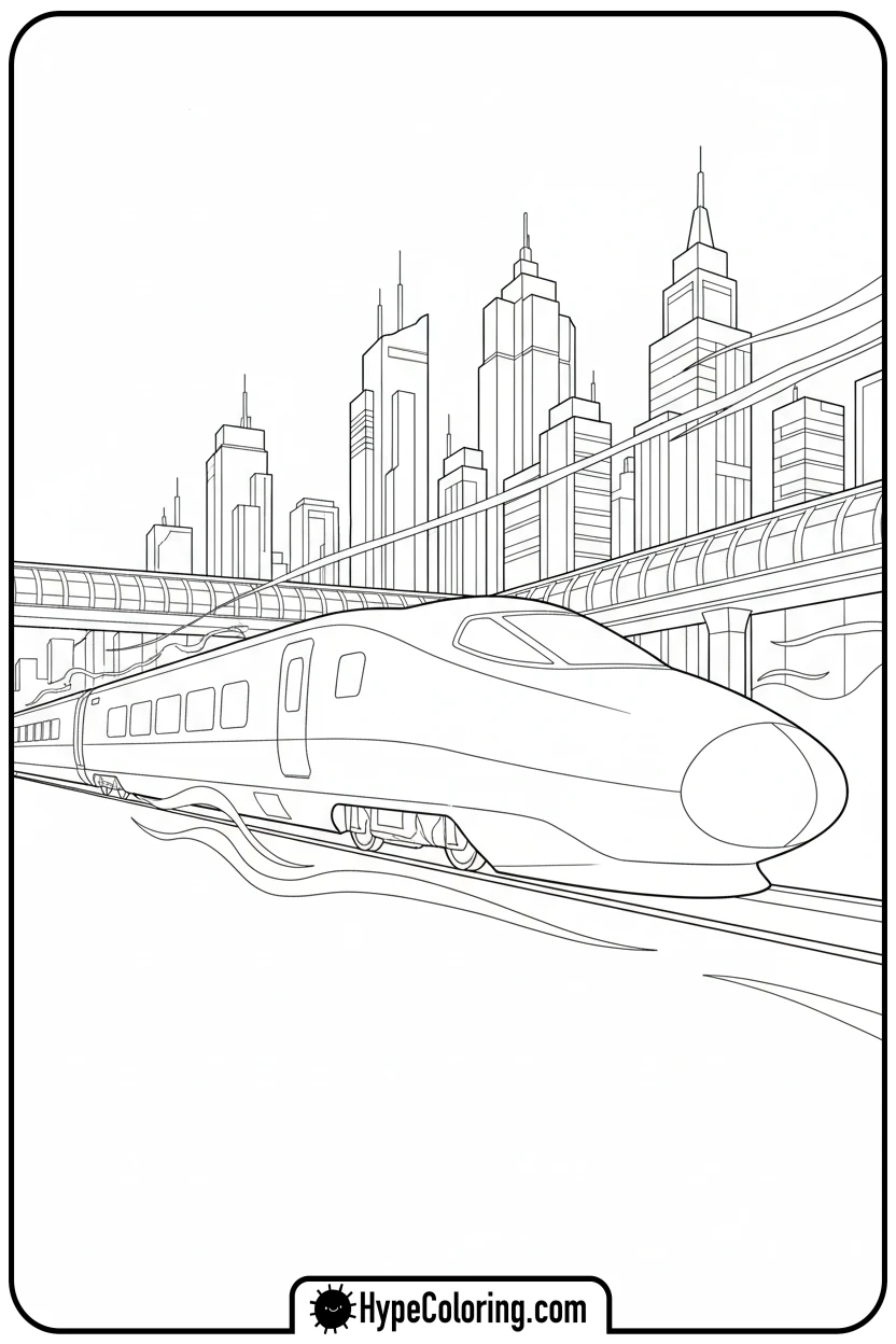 bullet-train-in-city - coloring pages of trains