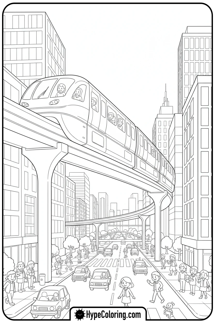 monorail-above-city-street - coloring pages of trains