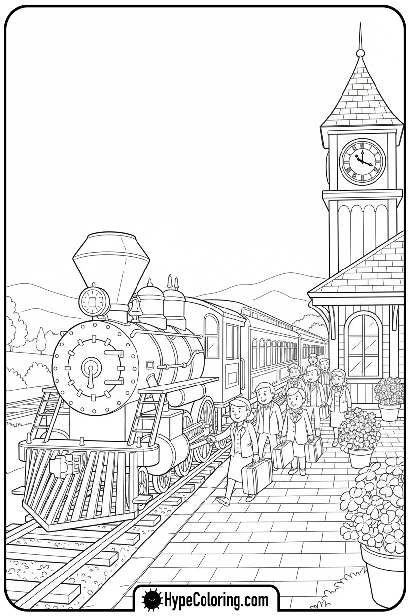 passenger-train-at-station - coloring pages of trains