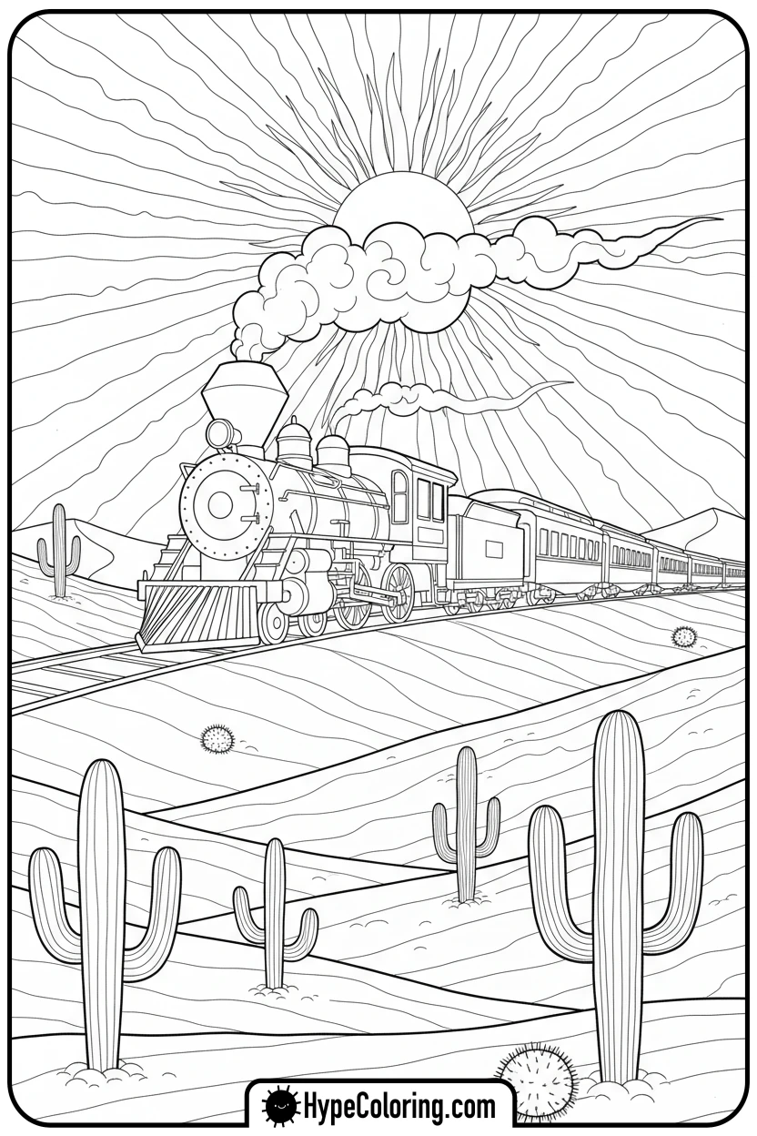 desert-train-through-dunes - coloring pages of trains