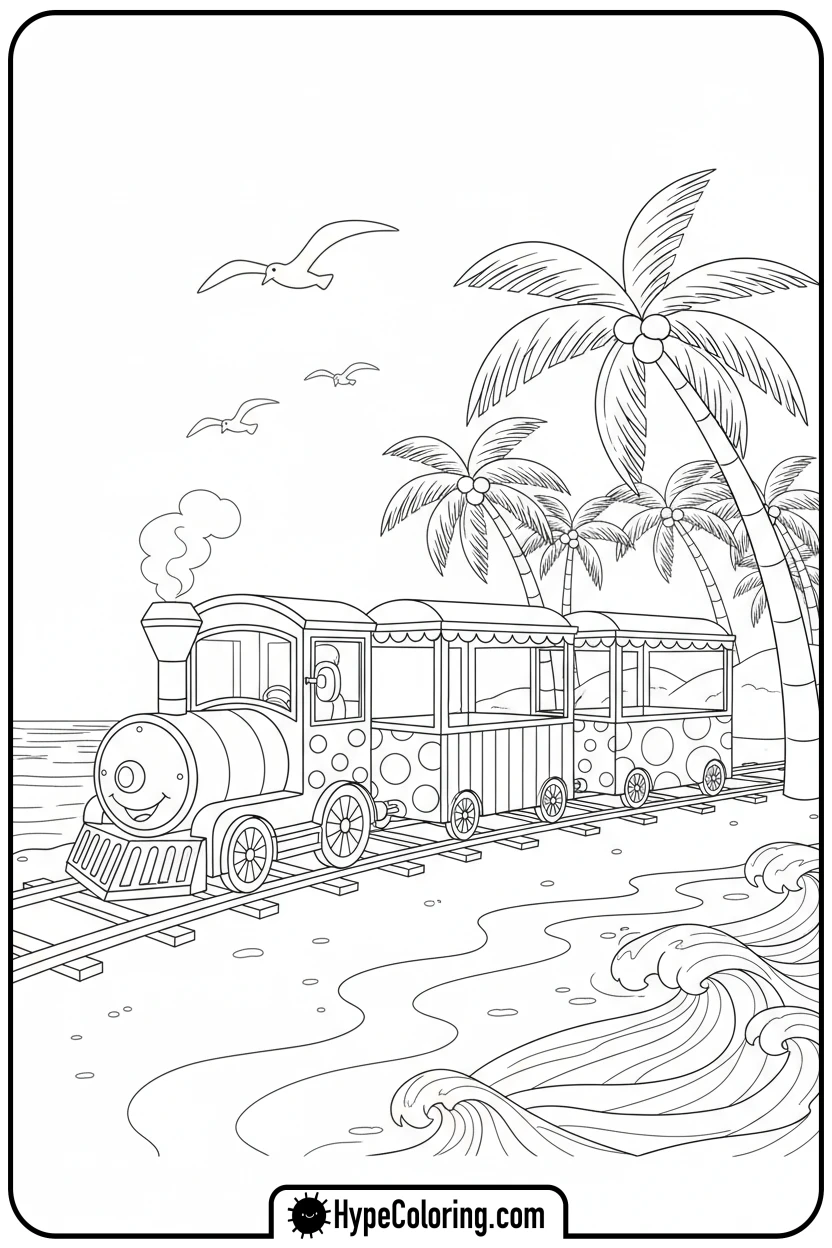 tourist-train-by-beach - coloring pages of trains