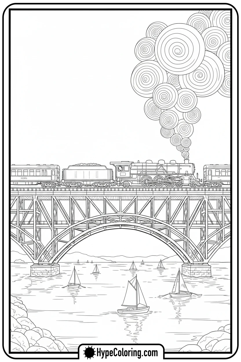 steam-train-on-bridge - coloring pages of trains