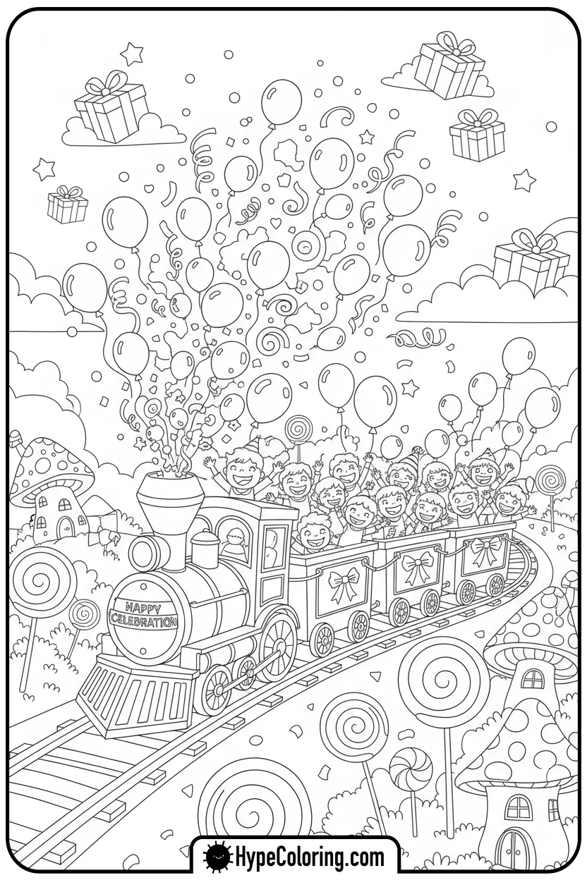 party-train-with-balloons - coloring pages of trains