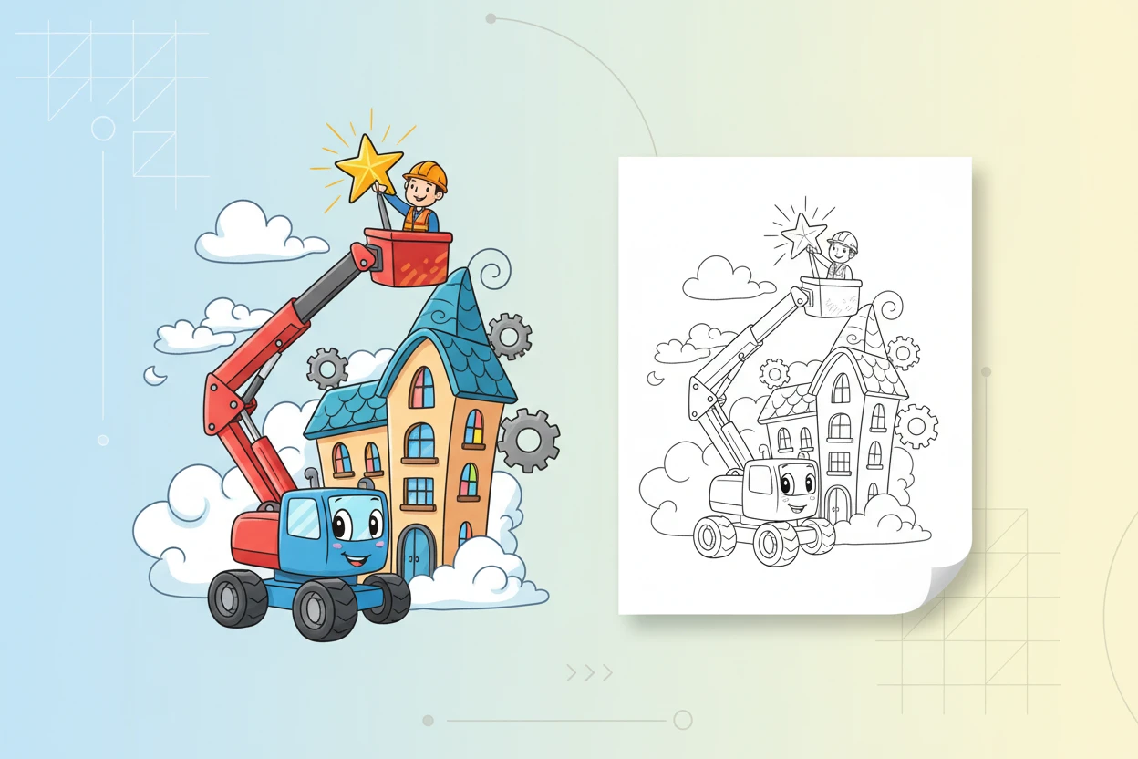 a-cheerful-cherry-picker-extending - construction coloring pages