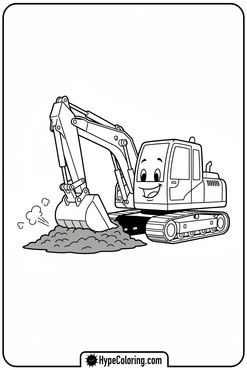 Click to download PDF smiling-excavator-digging-dirt - construction coloring pages