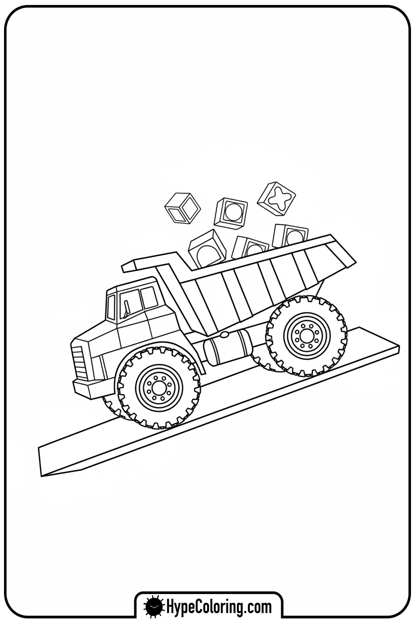 Click to download PDF dump-truck-spilling-toy-blocks - construction coloring pages