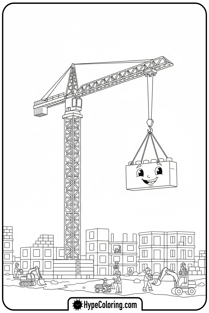 Click to download PDF crane-lowering-building-block - construction coloring pages
