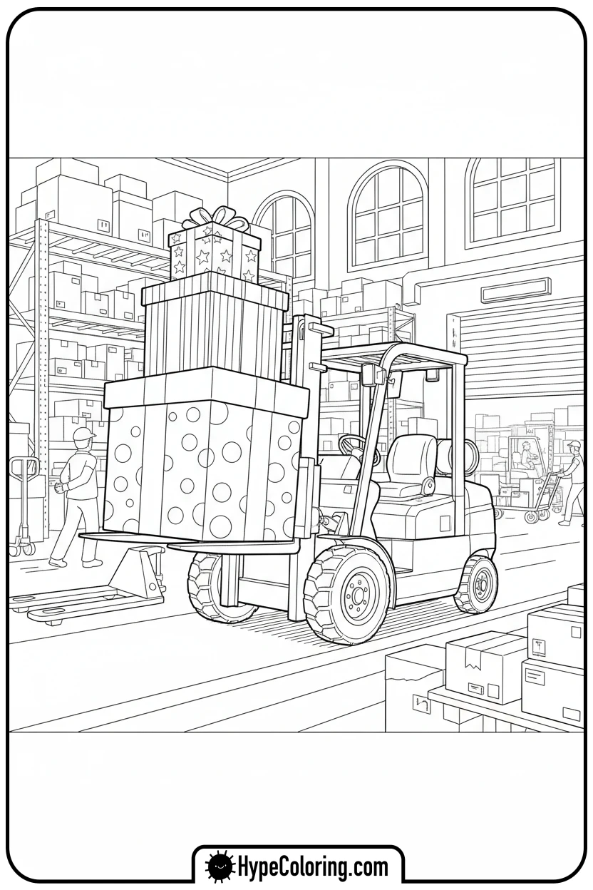 Click to download PDF forklift-carrying-gift-boxes - construction coloring pages