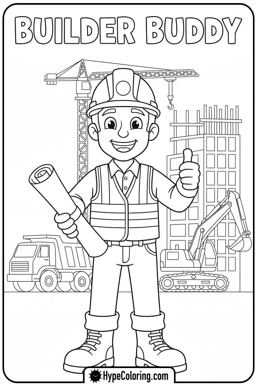 Click to download PDF worker-with-blueprint-and-thumbs-up - construction coloring pages