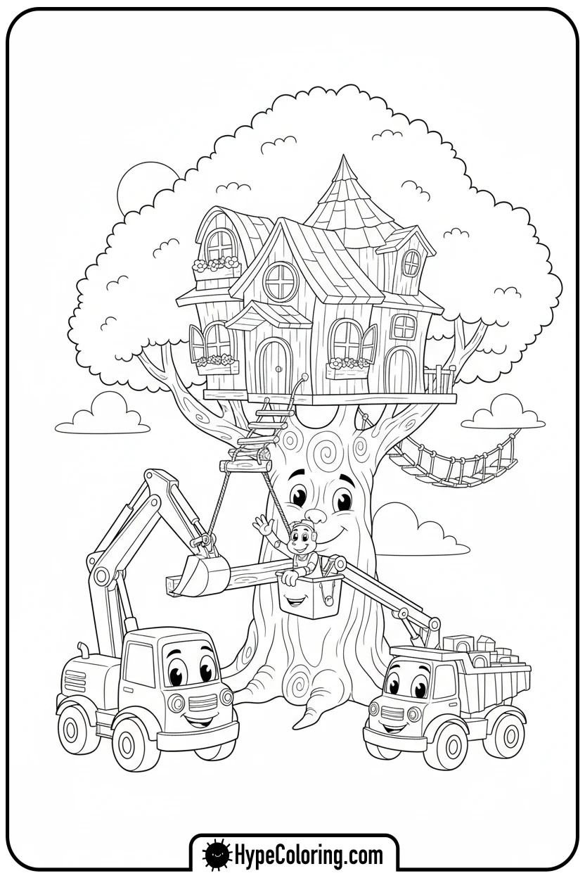 Click to download PDF vehicles-building-treehouse - construction coloring pages