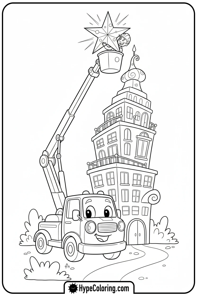 Click to download PDF cherry-picker-placing-star - construction coloring pages