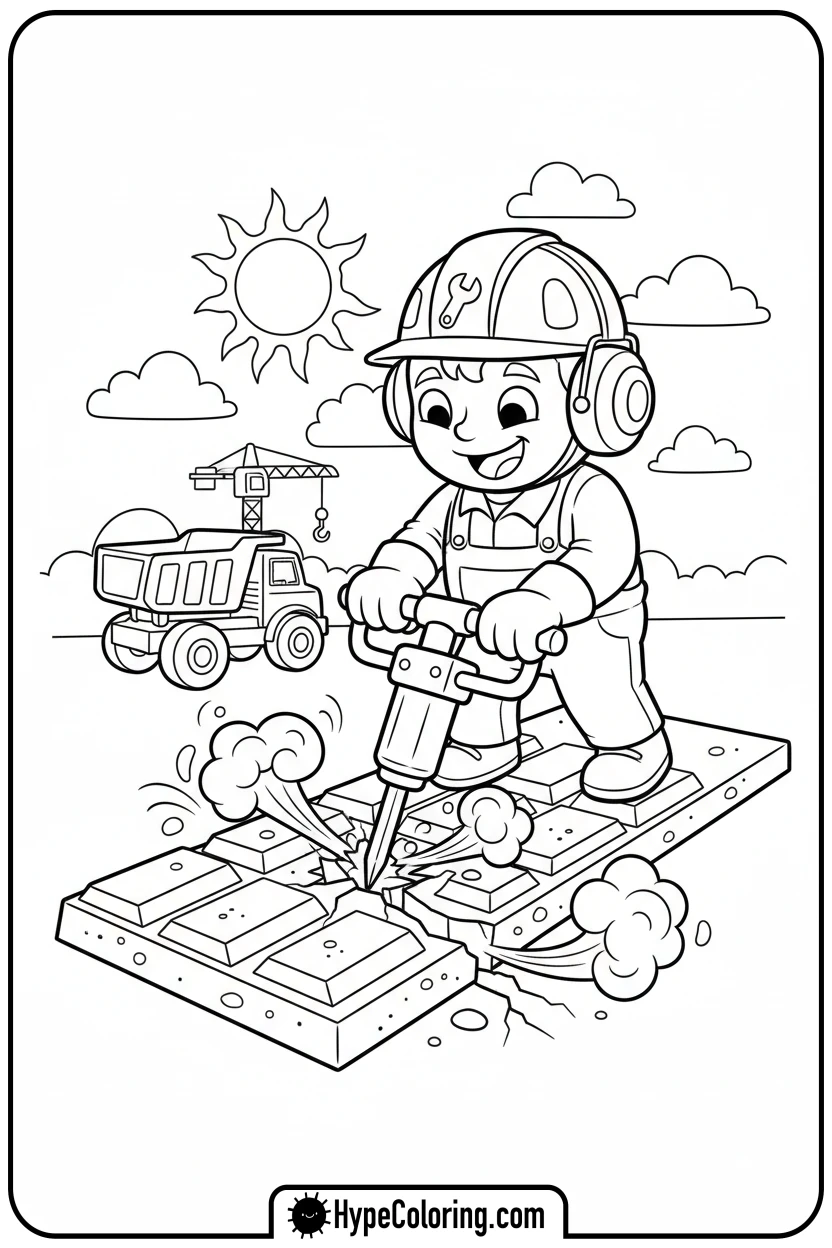 Click to download PDF worker-with-jackhammer - construction coloring pages
