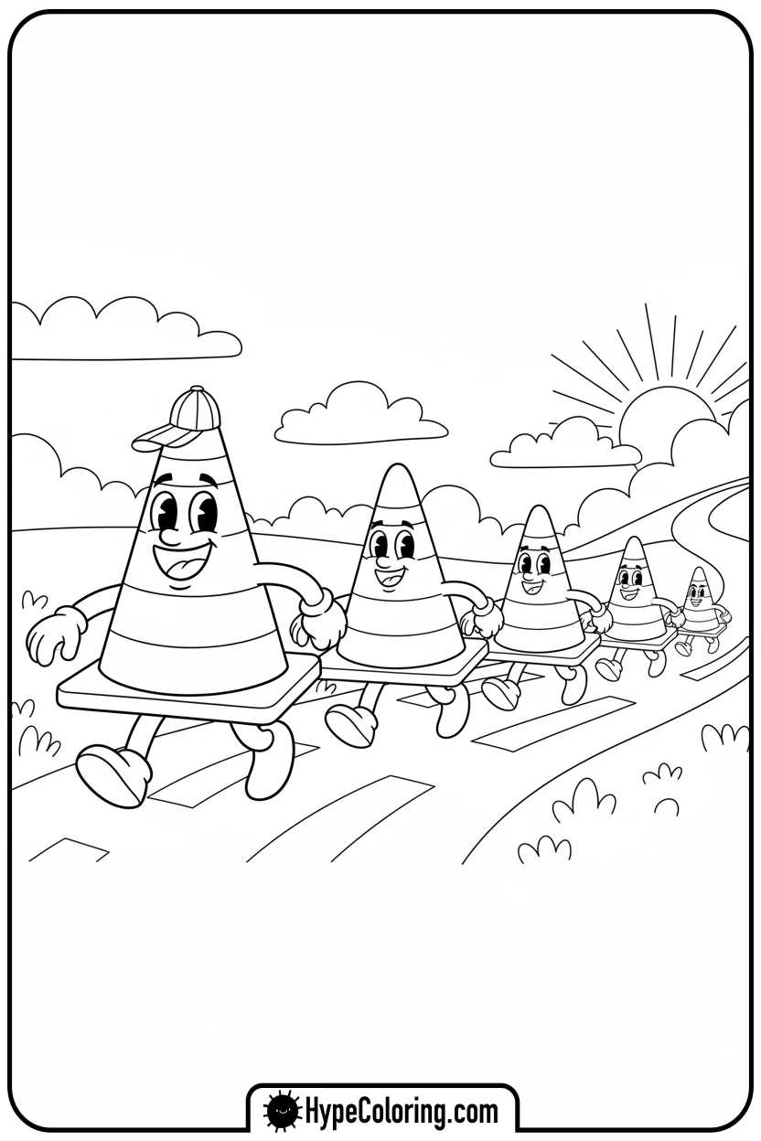 Click to download PDF smiling-traffic-cone-parade - construction coloring pages