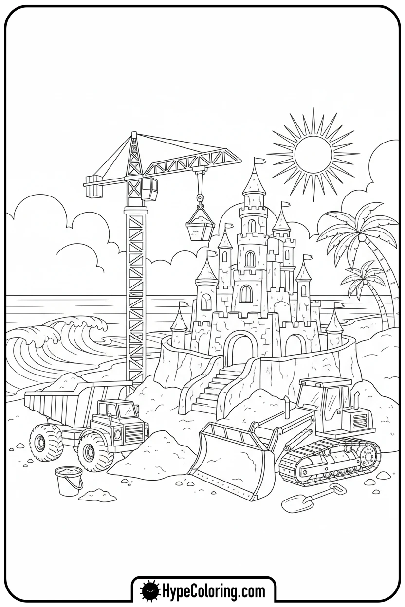Click to download PDF vehicles-building-sandcastle - construction coloring pages