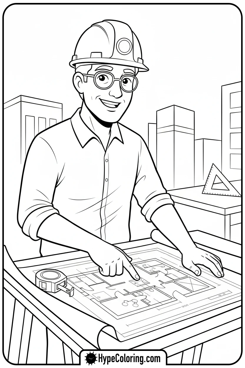 Click to download PDF architect-with-blueprint - construction coloring pages