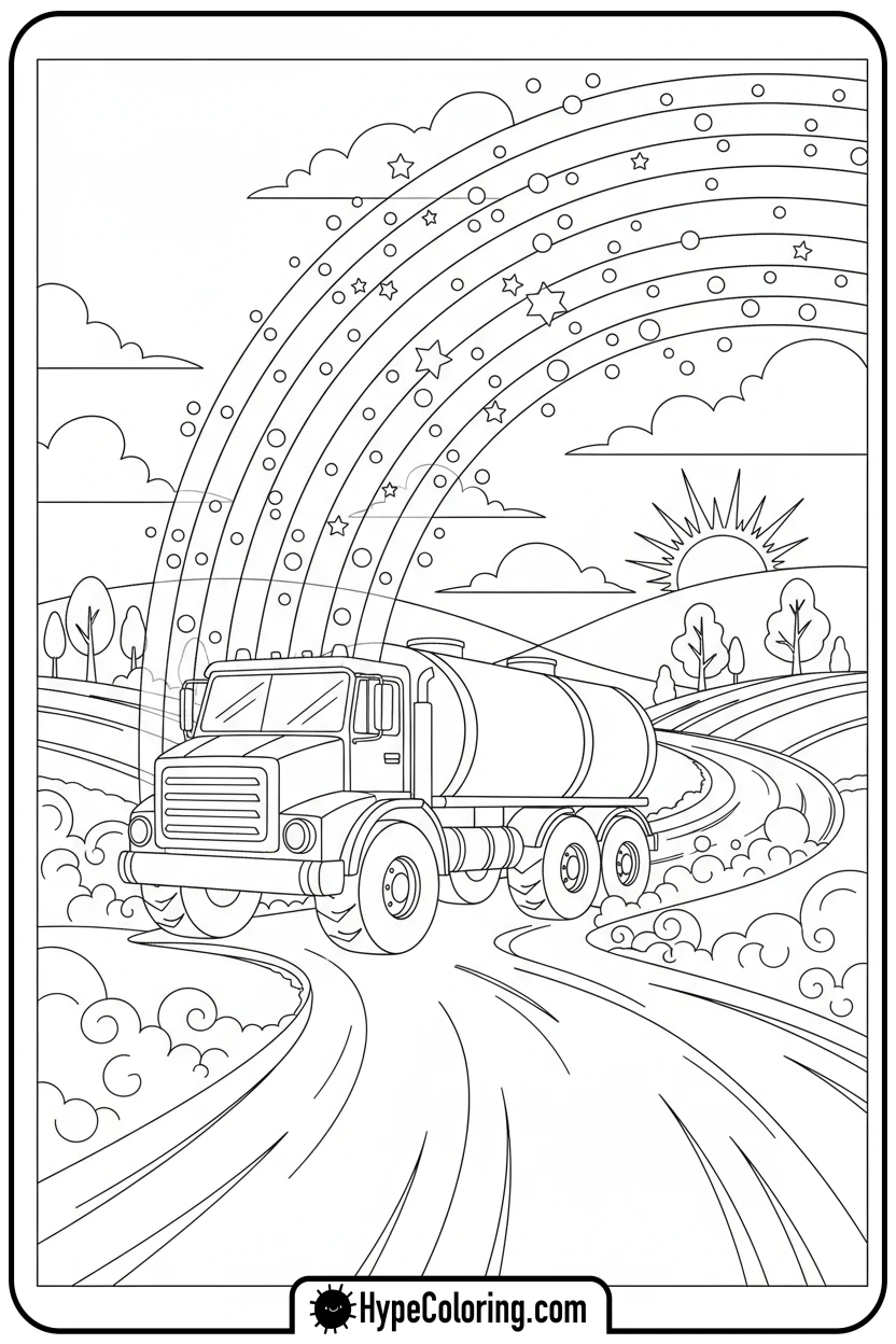 Click to download PDF water-truck-spraying-rainbow - construction coloring pages