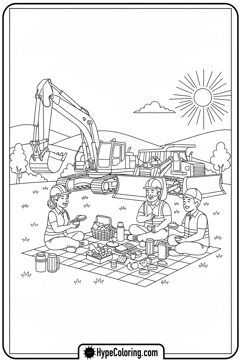 Click to download PDF construction-crew-lunch-break - construction coloring pages