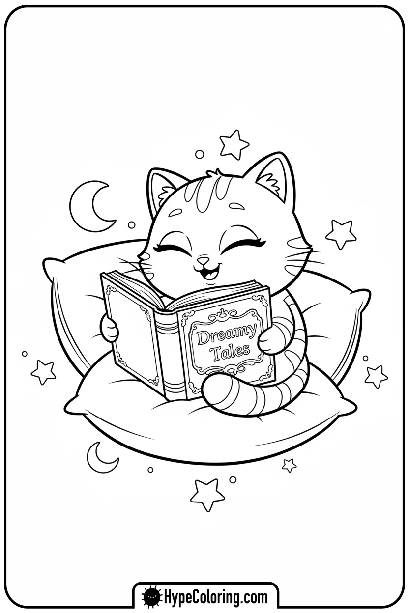 pillow-cat-reading-book - gabby's dollhouse coloring page