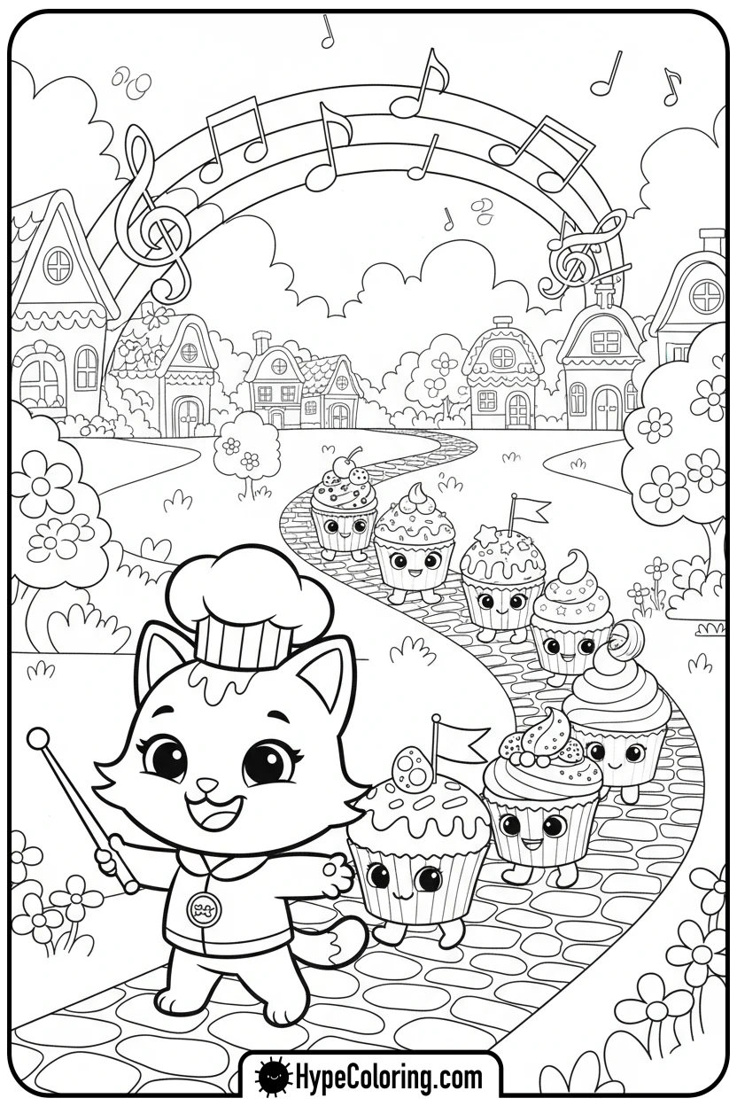 cakey-leading-cupcake-parade - gabby's dollhouse coloring page