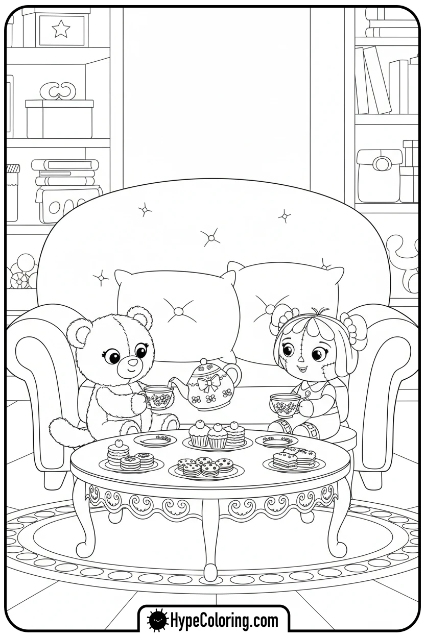 pillow-cat-tea-party - gabby's dollhouse coloring page