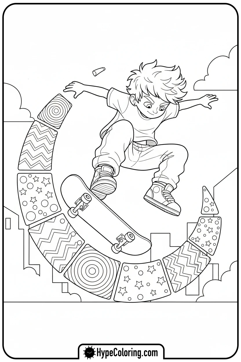 Click to download PDF skater-character-doing-trick - graffiti coloring pages