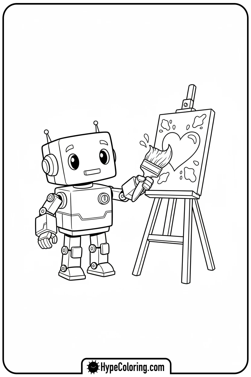 Click to download PDF robot-painting-heart - graffiti coloring pages