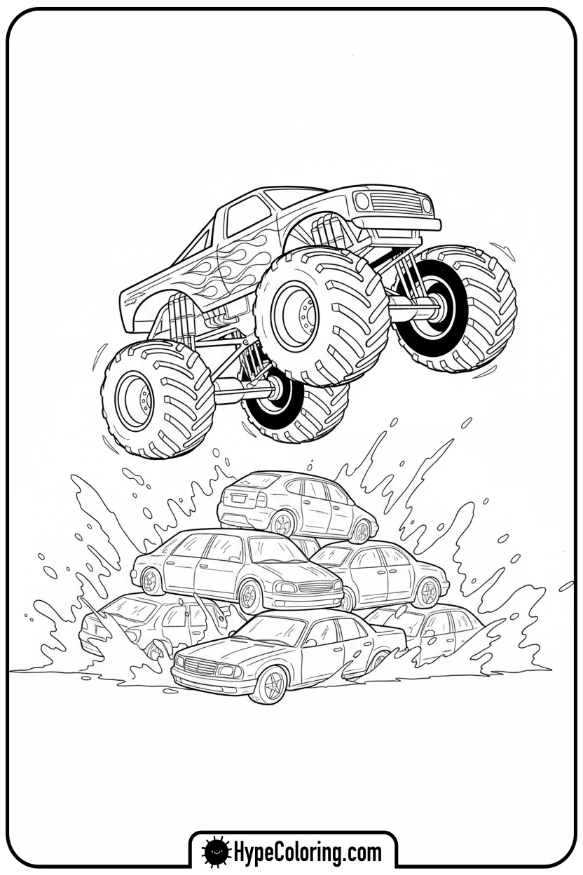 monster-truck-jumping-cars - hot wheels coloring page