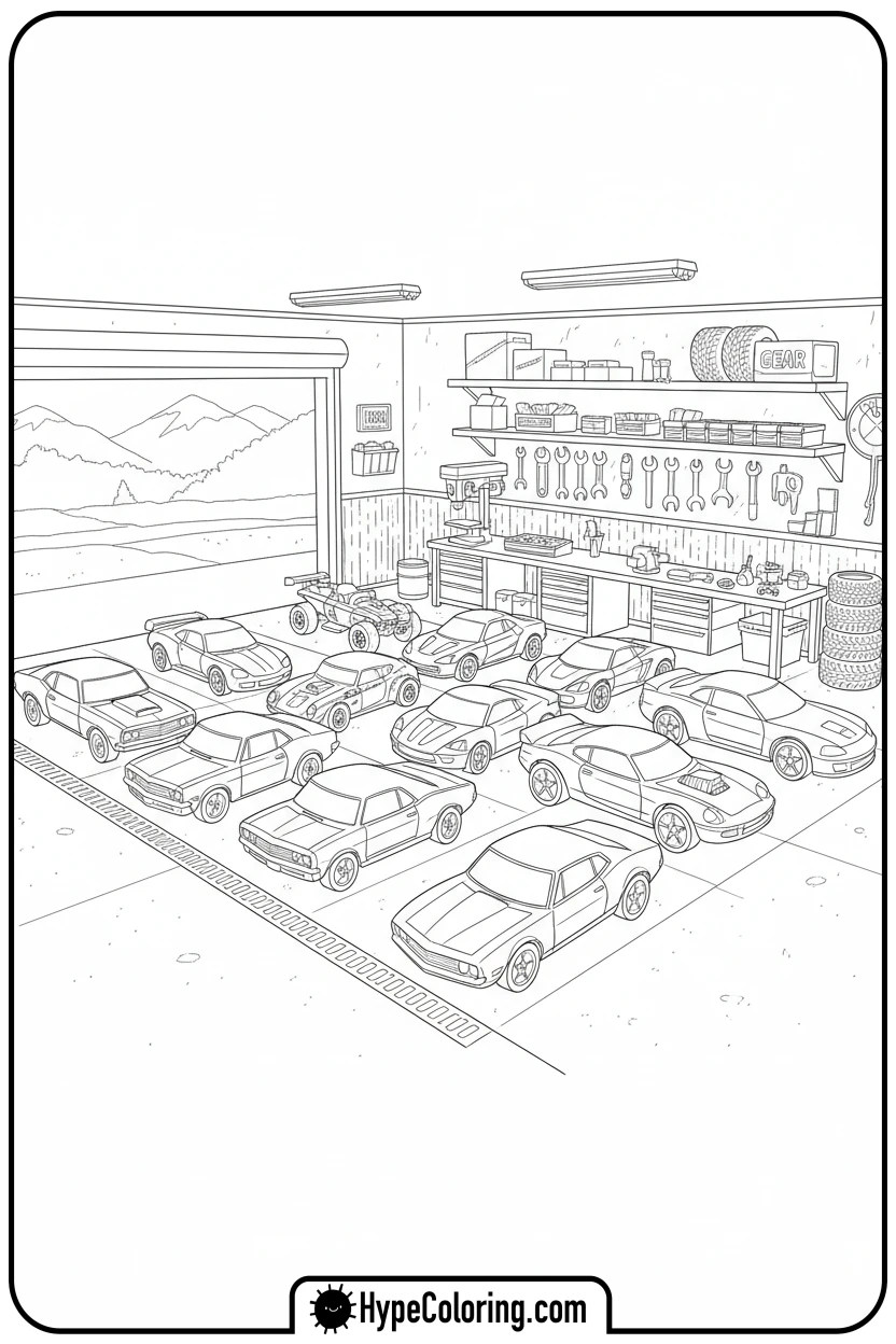cars-in-a-garage - hot wheels coloring page