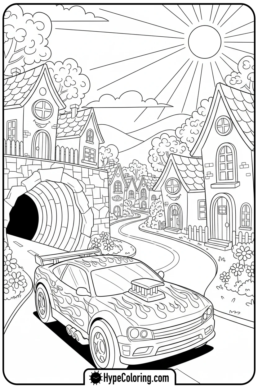 car-exiting-tunnel - hot wheels coloring page