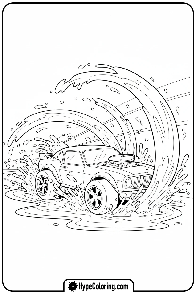 car-splashing-in-puddle - leaf coloring page