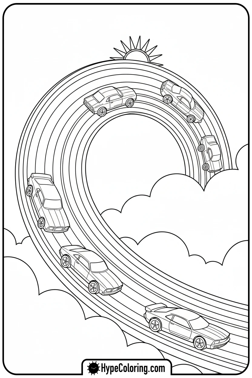 cars-on-rainbow-track - hot wheels coloring page