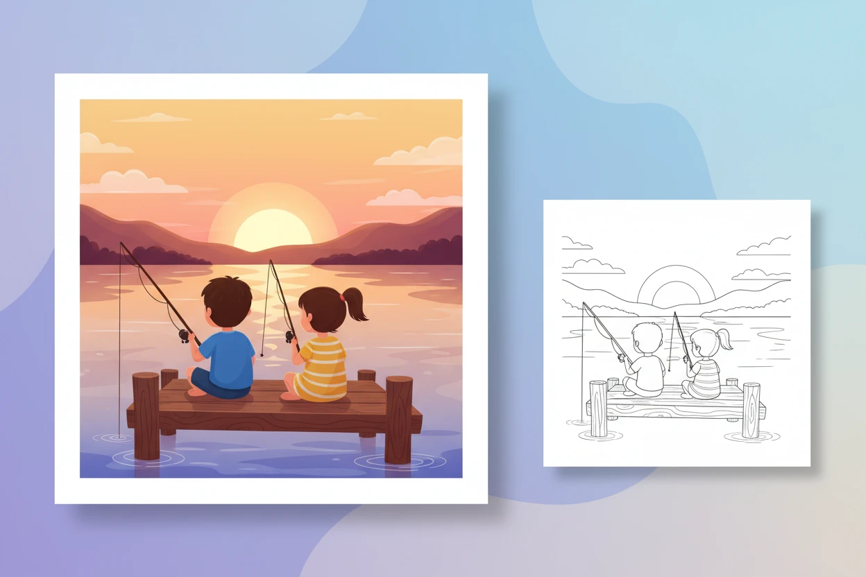 two-kids-sitting-on-a - sunset coloring pages