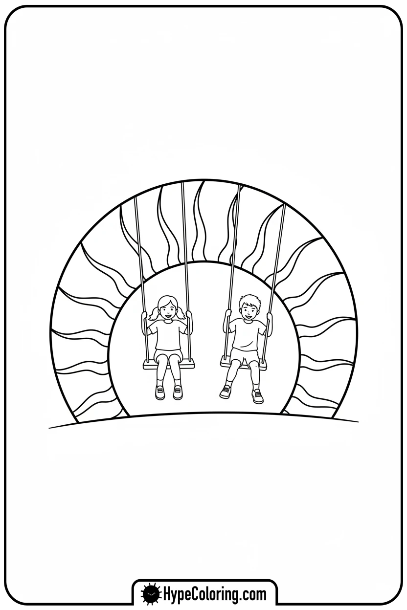 children-swinging-at-sunset - sunset coloring pages