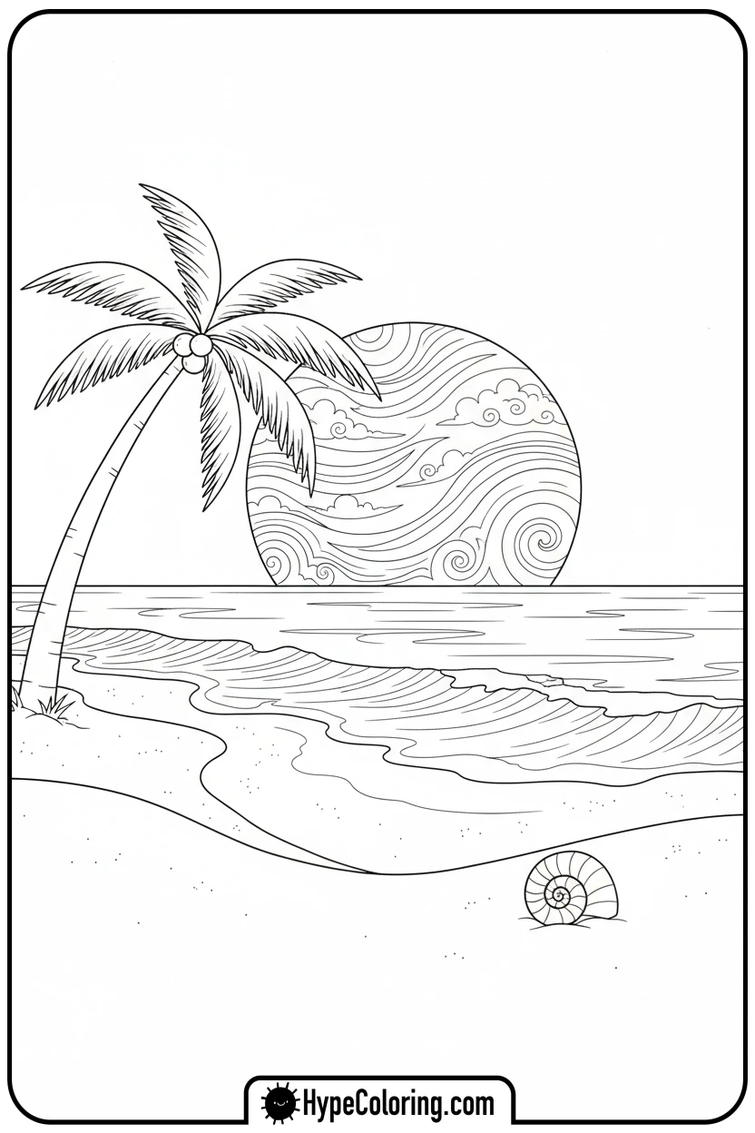 palm-tree-on-beach-at-sunset - sunset coloring pages