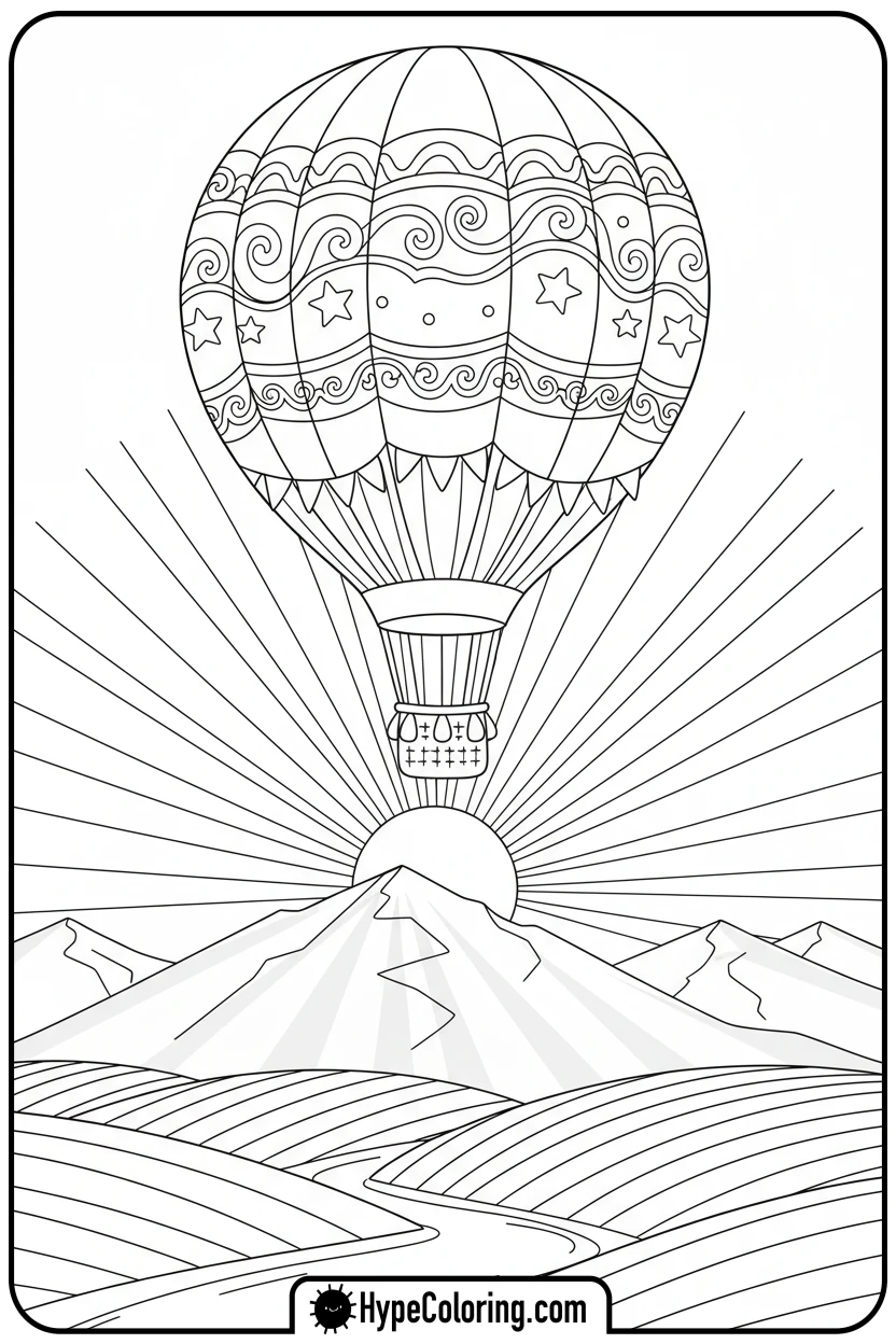 hot-air-balloon-at-sunset - sunset coloring pages