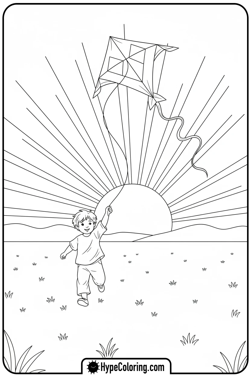 child-flying-kite-at-sunset - sunset coloring pages