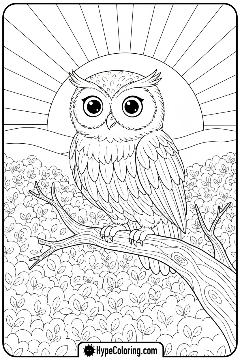 owl-on-branch-at-sunset - sunset coloring pages
