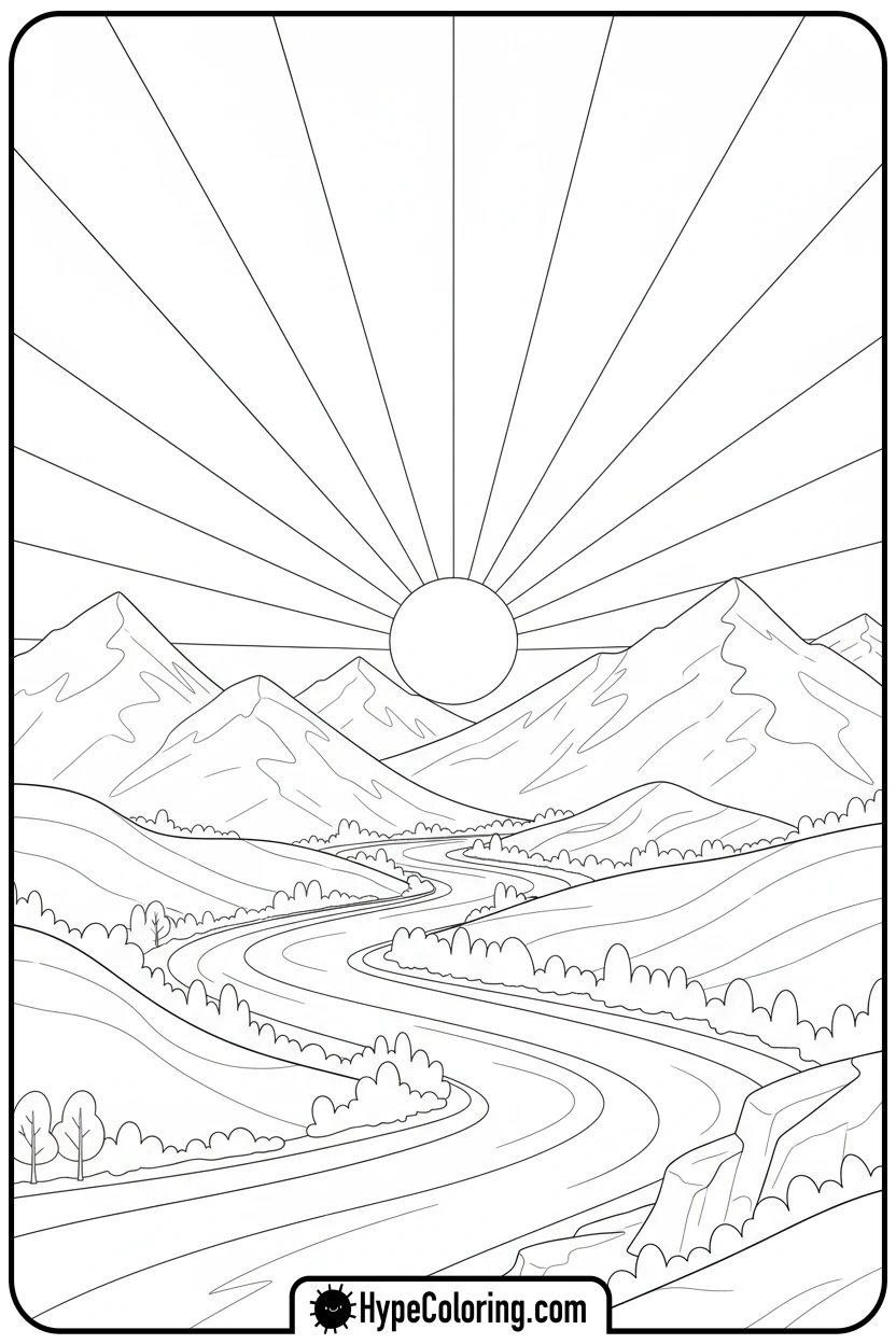 mountains-and-river-at-sunset - sunset coloring pages
