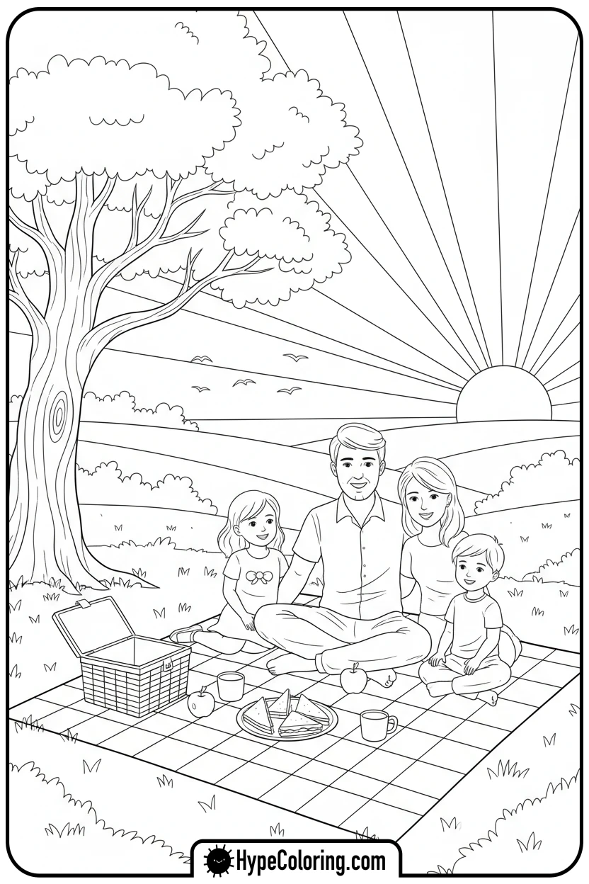 picnic-in-park-at-sunset - sunset coloring pages