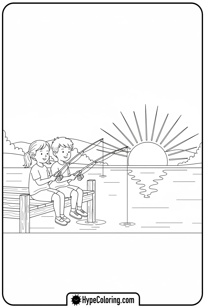 kids-fishing-at-sunset - sunset coloring pages