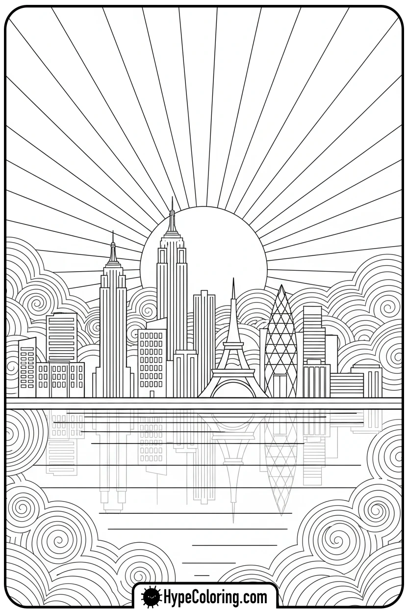 city-skyline-at-sunset - sunset coloring pages
