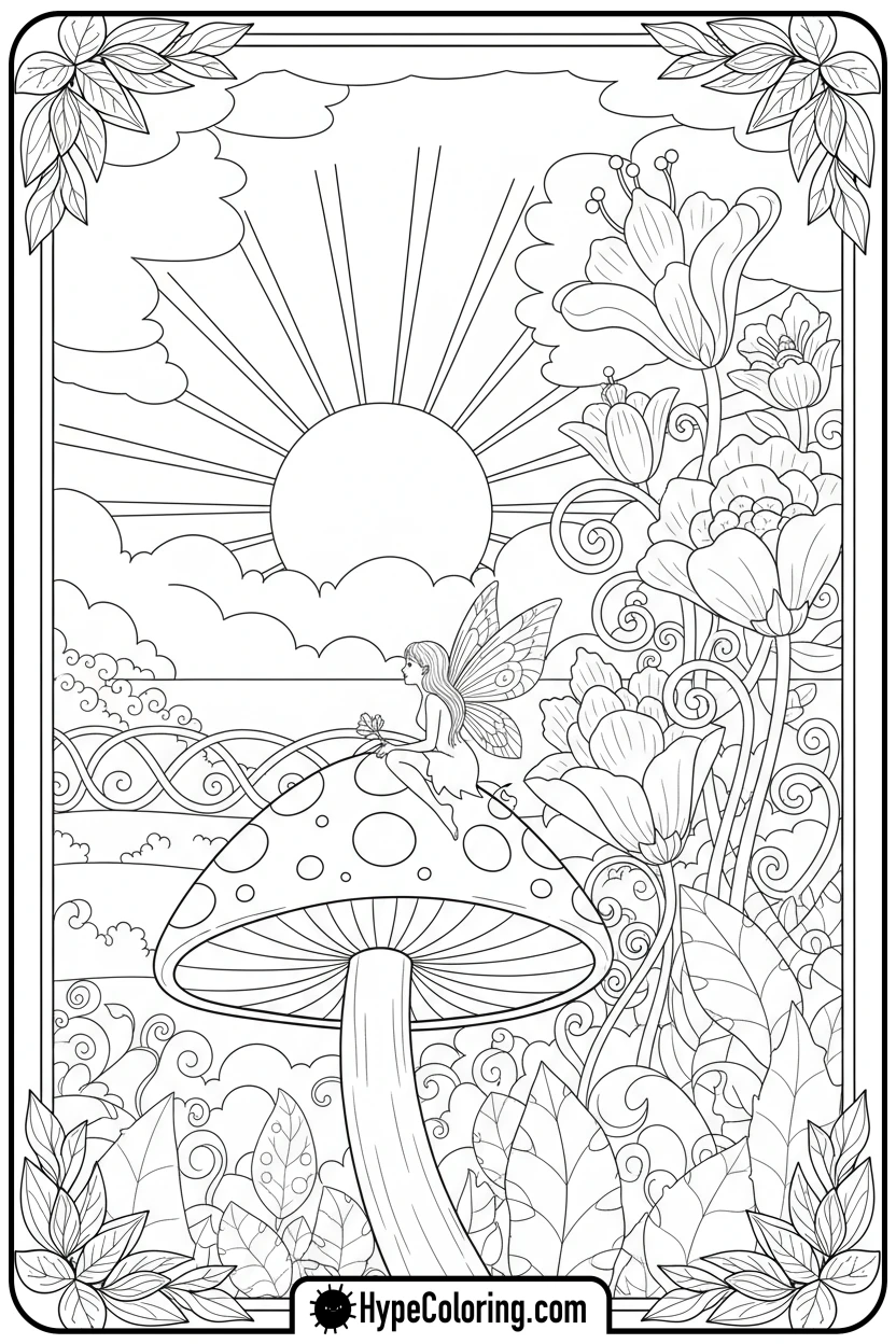 fairy-on-mushroom-at-sunset - sunset coloring pages