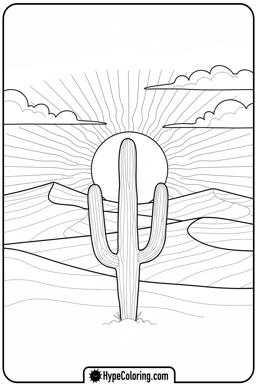 cactus-in-desert-at-sunset - sunset coloring pages