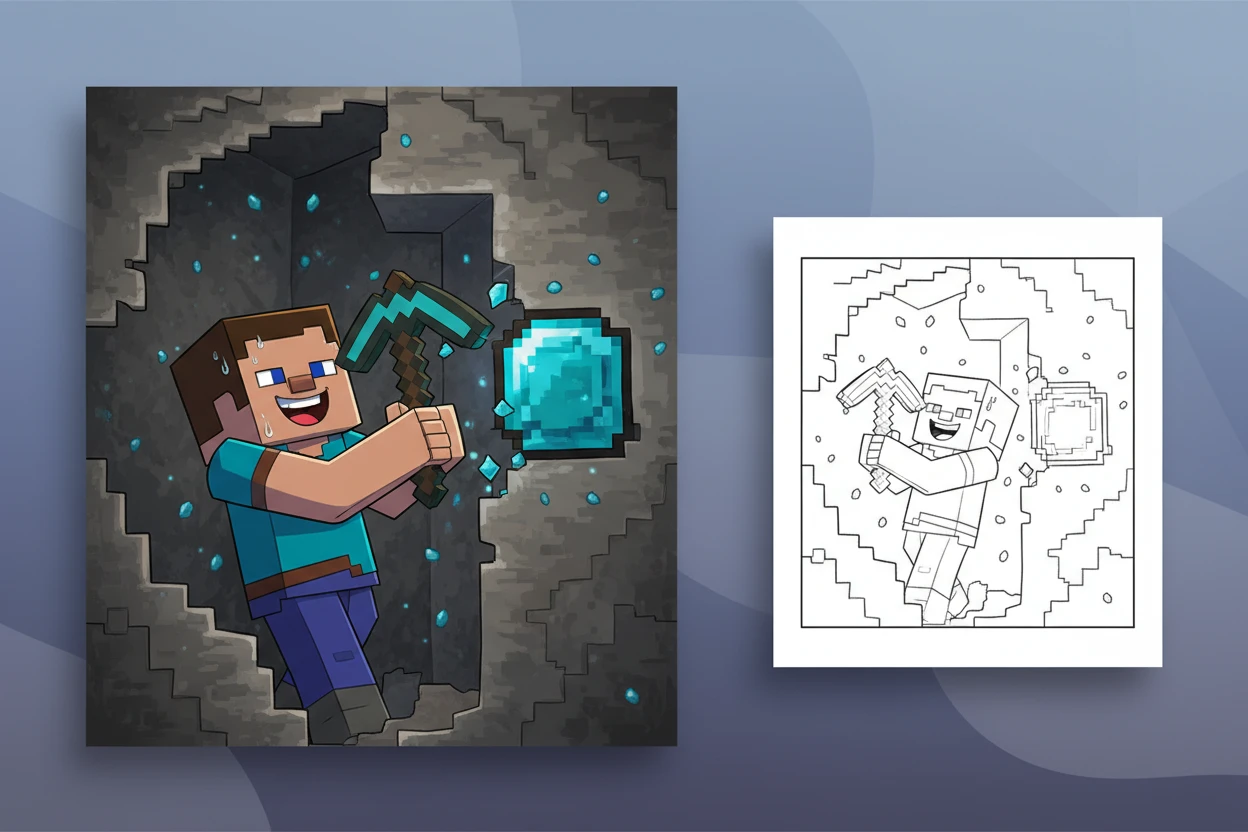steve-happily-mining-a-block - minecraft coloring pages
