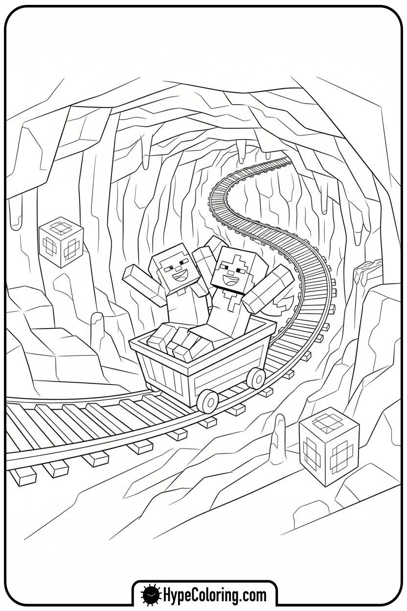 players-on-minecart-ride - minecraft coloring pages